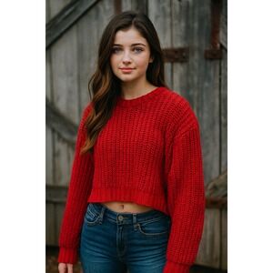American Eagle Red Holiday Chunky oversized Knit Sweater Crew Neck Women Size S